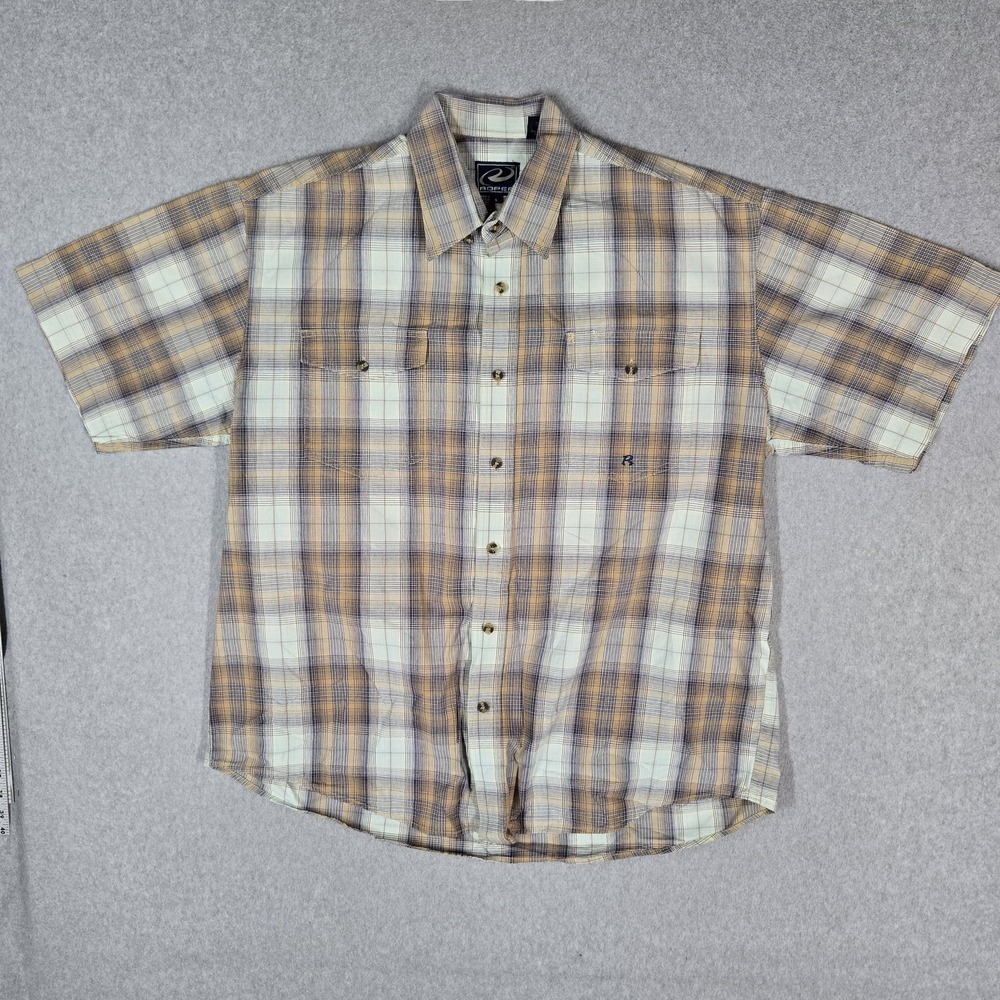 Edge Men Button Up Shirt L Beige Plaid Casual Short Sleeve Pockets